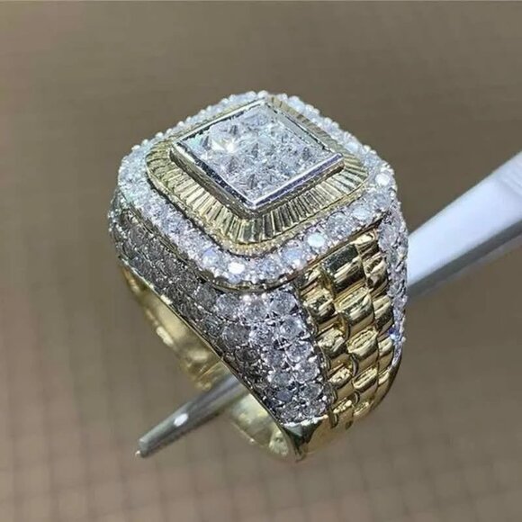 🆕 Men's  Micro Pave Statement 2.00 Ctw, Diamond Ring 18K Yellow Gold Pltd 🆕 - Picture 2 of 3